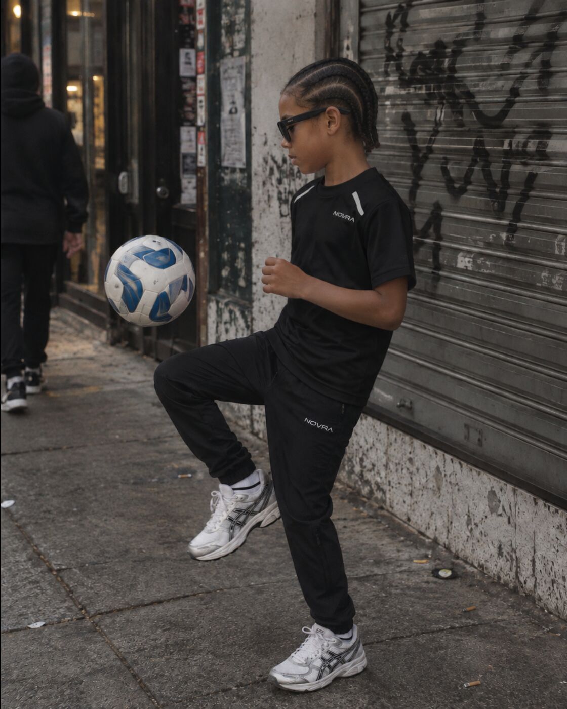 Jeune joueur en ensemble NOVRA noir, jonglant avec un ballon en ville